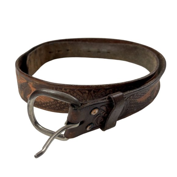 Men's Brown Tooled Leather Western Eagle Belt Size 38 (KM627) - Picture 1 of 4